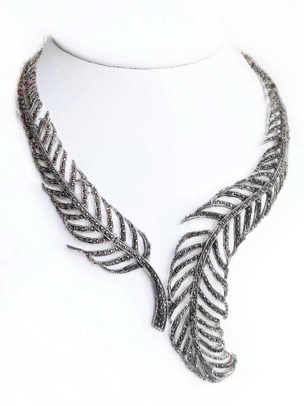 Vtg Sterling Marcasite Hinged Feathers Statement Necklace Roaring 20s